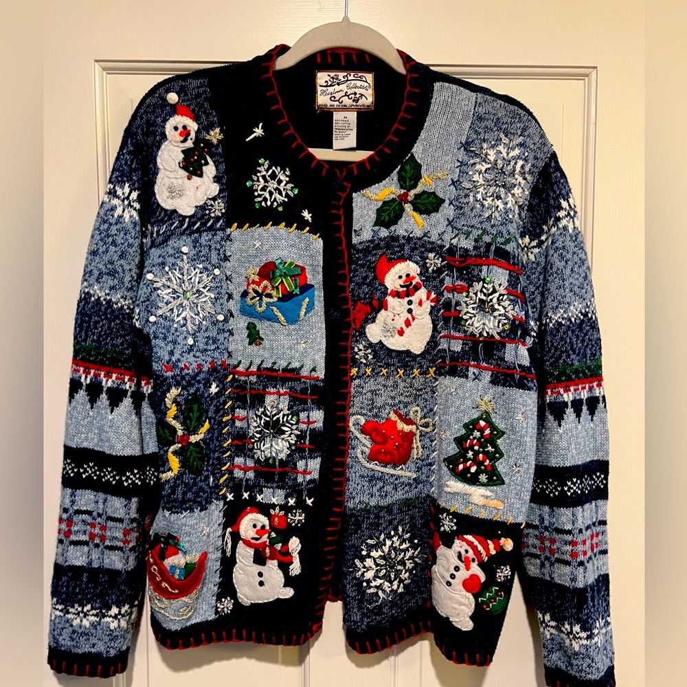 Vintage Heirloom Collectibles Blue Snowman Christmas Sweater Cardigan M